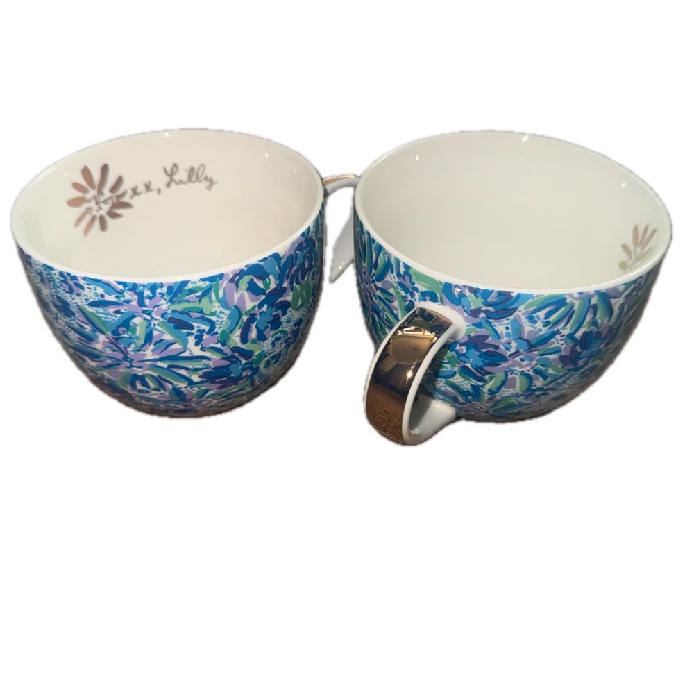 Lilly Pulitzer “Soleil on Me”Vibrant Blue Floral Mugs with Gold Accent - NIB